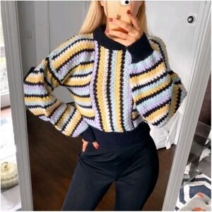 Zara Black Multicolor Striper Chunky Knit Wool Blend Alpaca Cropped Sweater Sz S